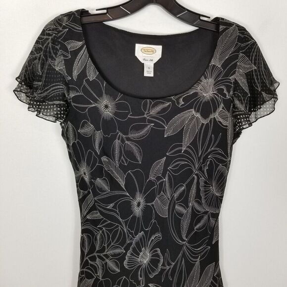 Talbots Women Pure Silk Floral Midi Dress Sz 10 Black Gray Cap Sleeve Fairy - Picture 2 of 8